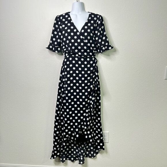 If By Sea California Black White Polka Dot Ruffle Hi Low Wrap Dress Size S - Picture 1 of 15